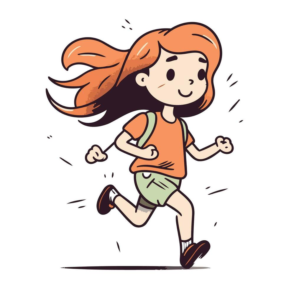 Running girl. Cute cartoon character. Colorful vector illustration.