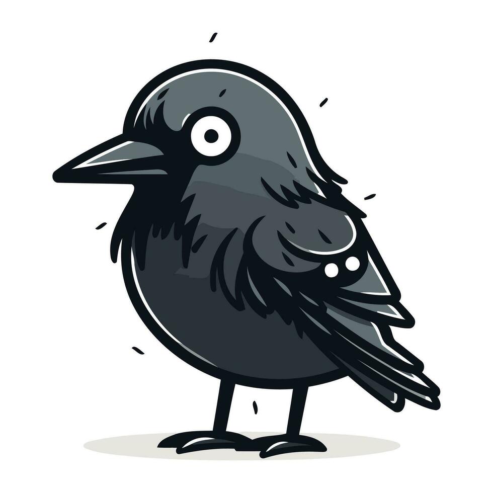 Cute crow cartoon vector illustration isolated on white background. Cute black bird with big eyes.