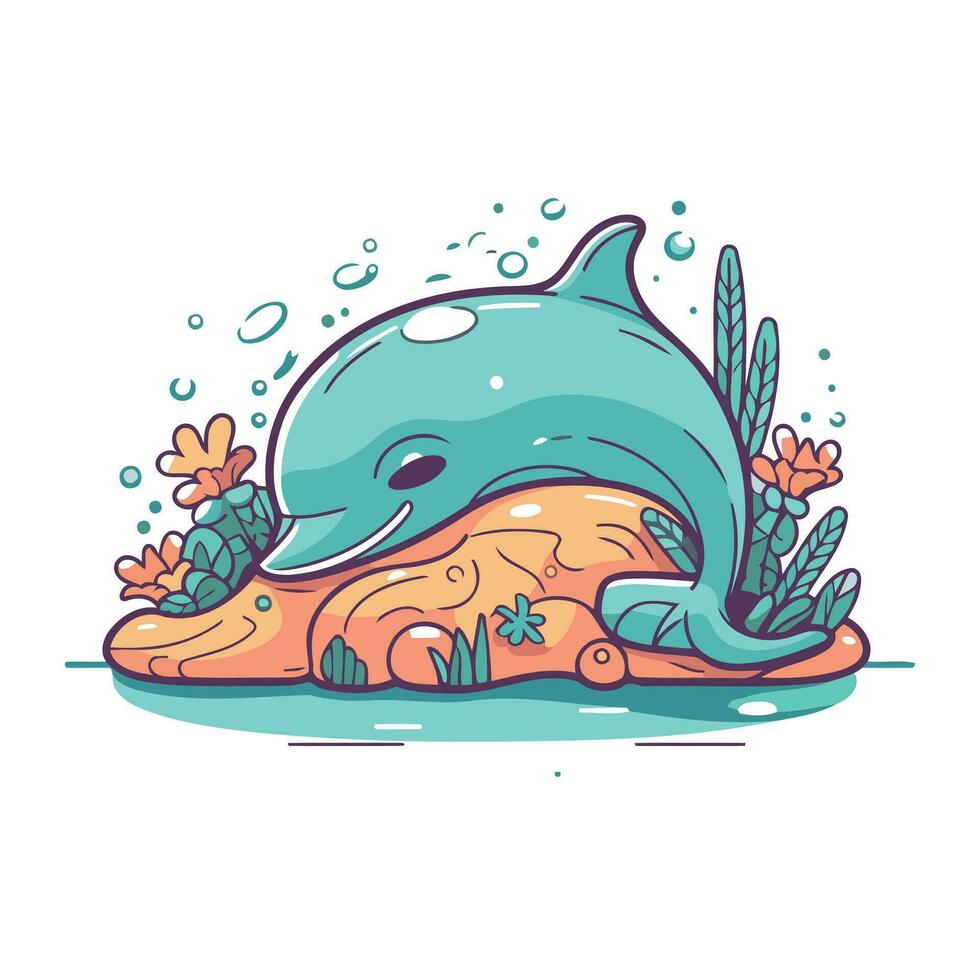 Cute dolphin on the rock. Vector illustration in cartoon style.