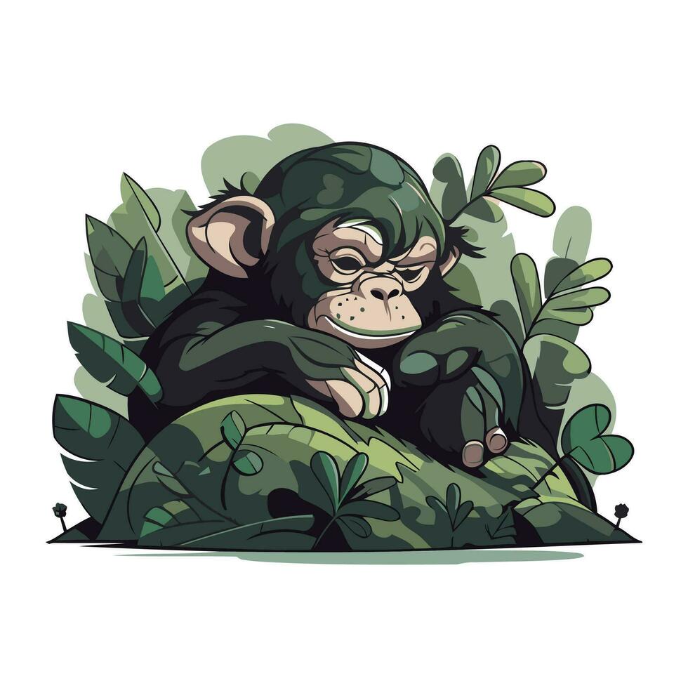 mono sentado en el rock en el selva. vector ilustración.