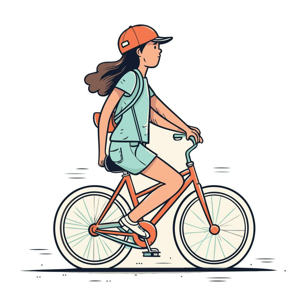 joven mujer montando un bicicleta. vector ilustración en plano dibujos animados estilo.