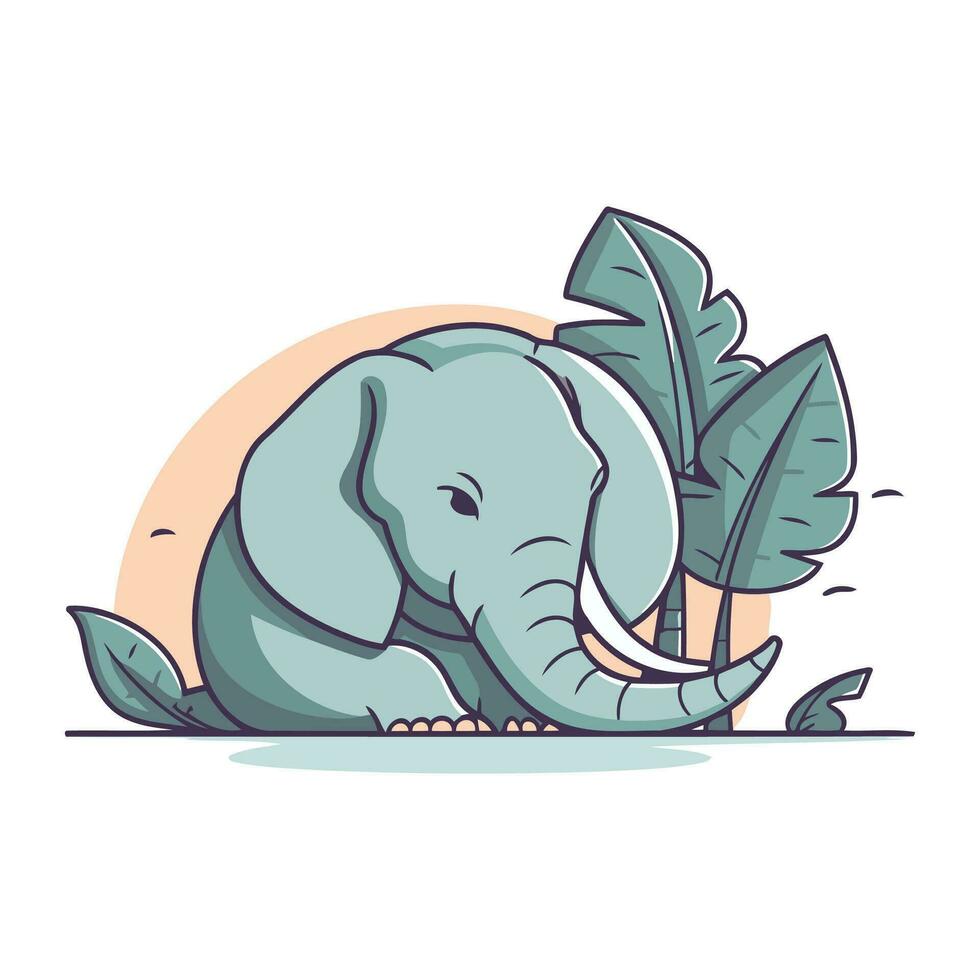 Vector illustration of cute cartoon elephant with tropical leaves on white background.