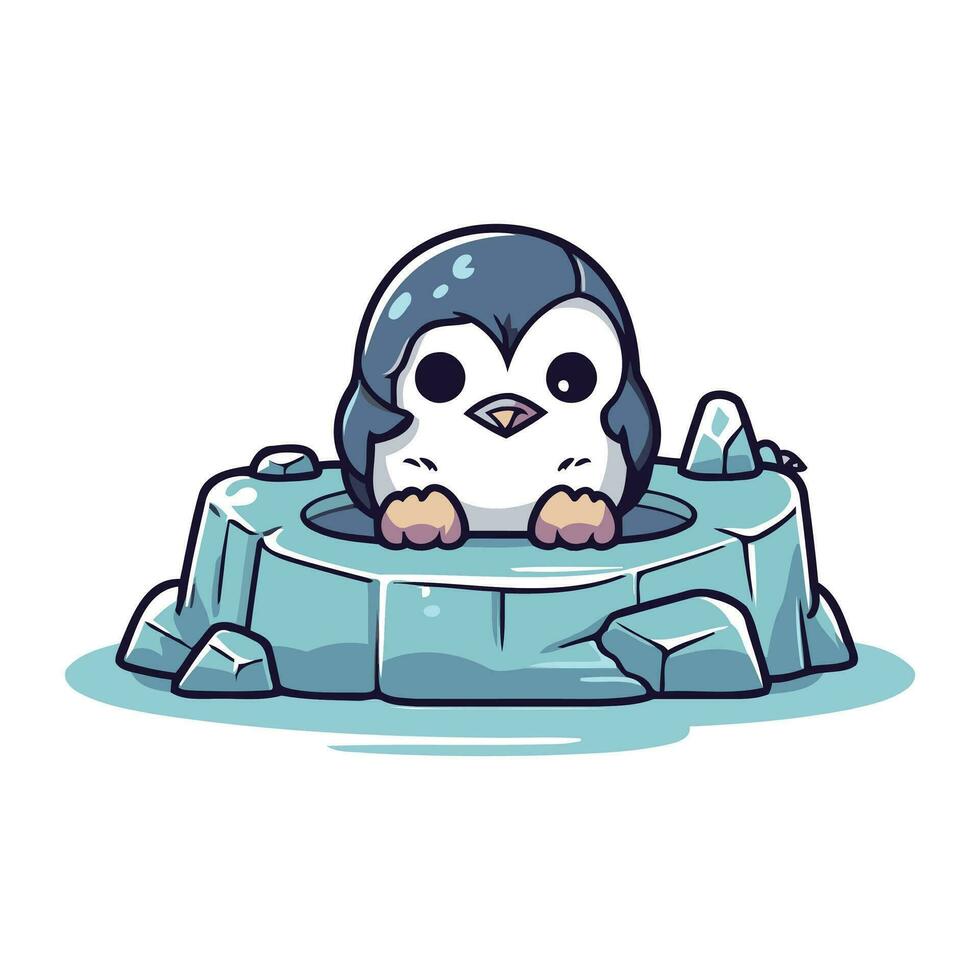 Cute cartoon penguin sitting on ice cube. Vector illustration.