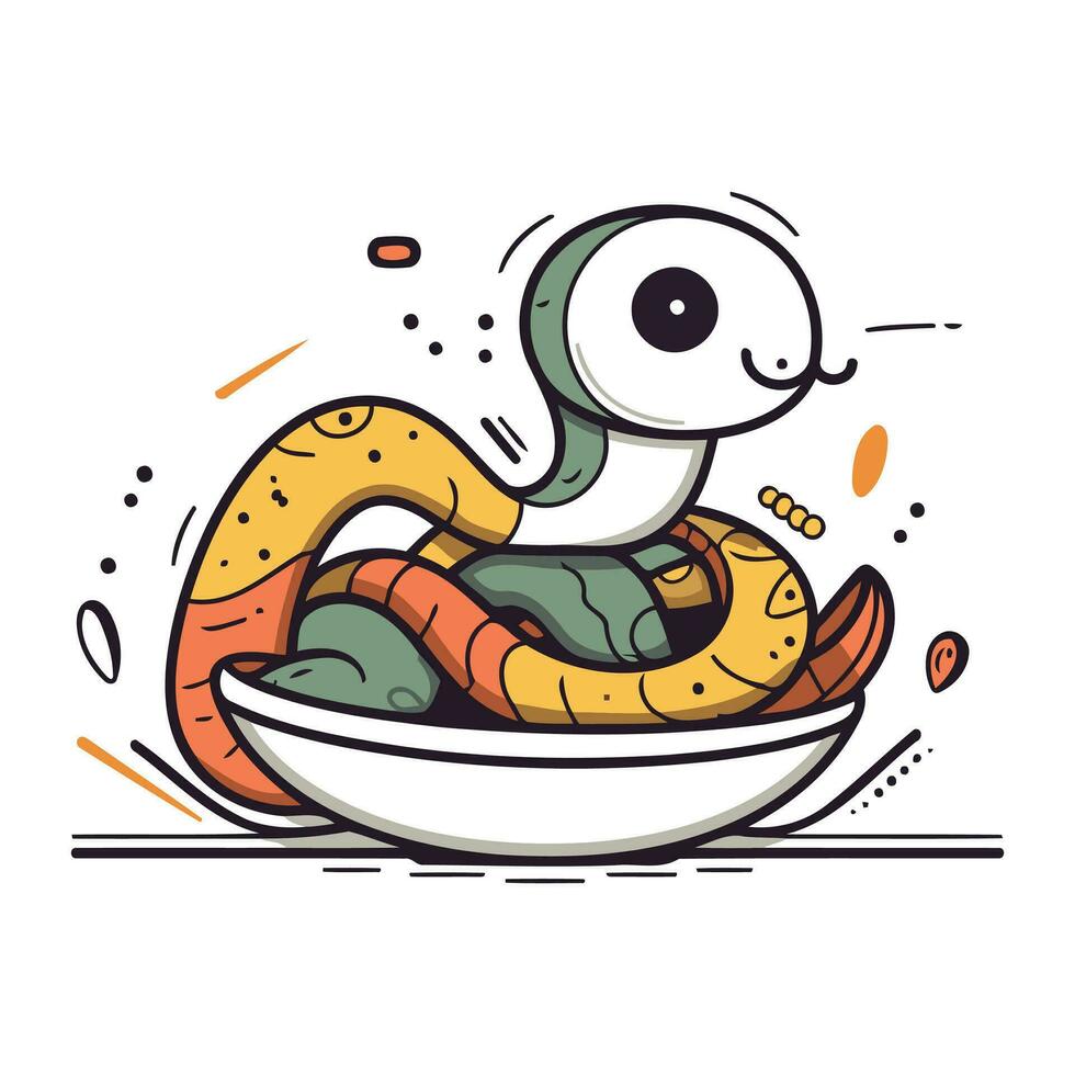 Cute cartoon snake in bowl. Vector illustration. Isolated on white background.