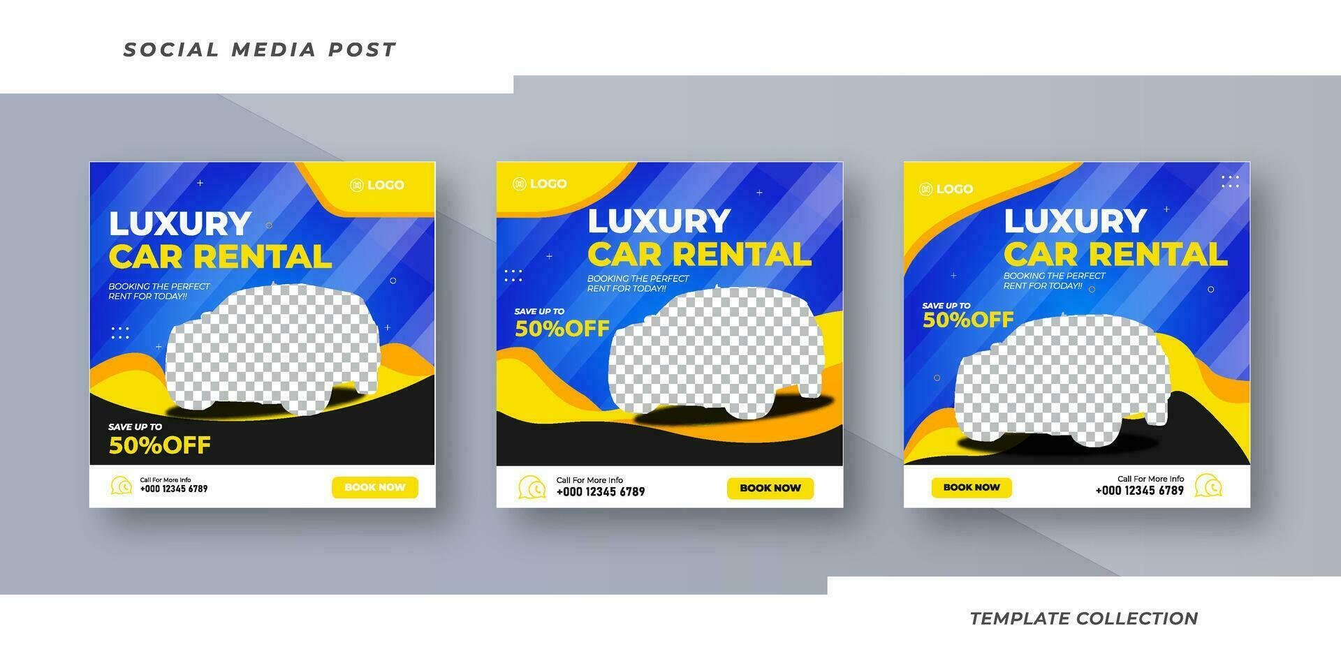 Set of editable square banner templates,  luxury car rental social media post design and sell banner bundle set, business sale promo template design vector