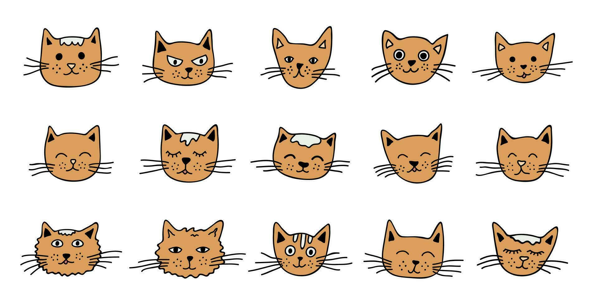 Hand drawn cat muzzle clipart. Cute pet face doodle set vector