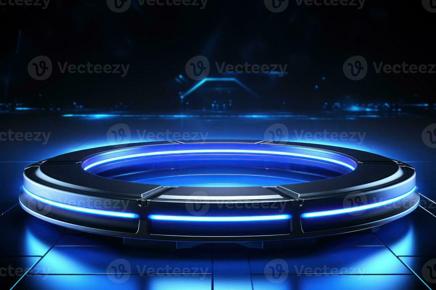 An open circular platform for product display, with a blue color scheme. Generative AI photo