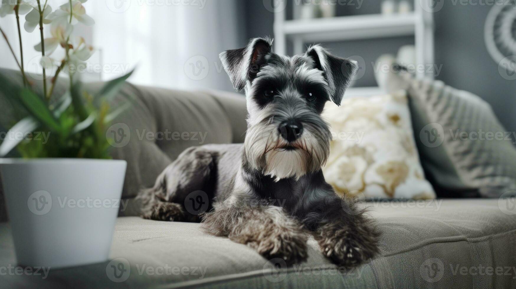 Modern living room interior. Cute Schnauzer on couch. Generative AI photo