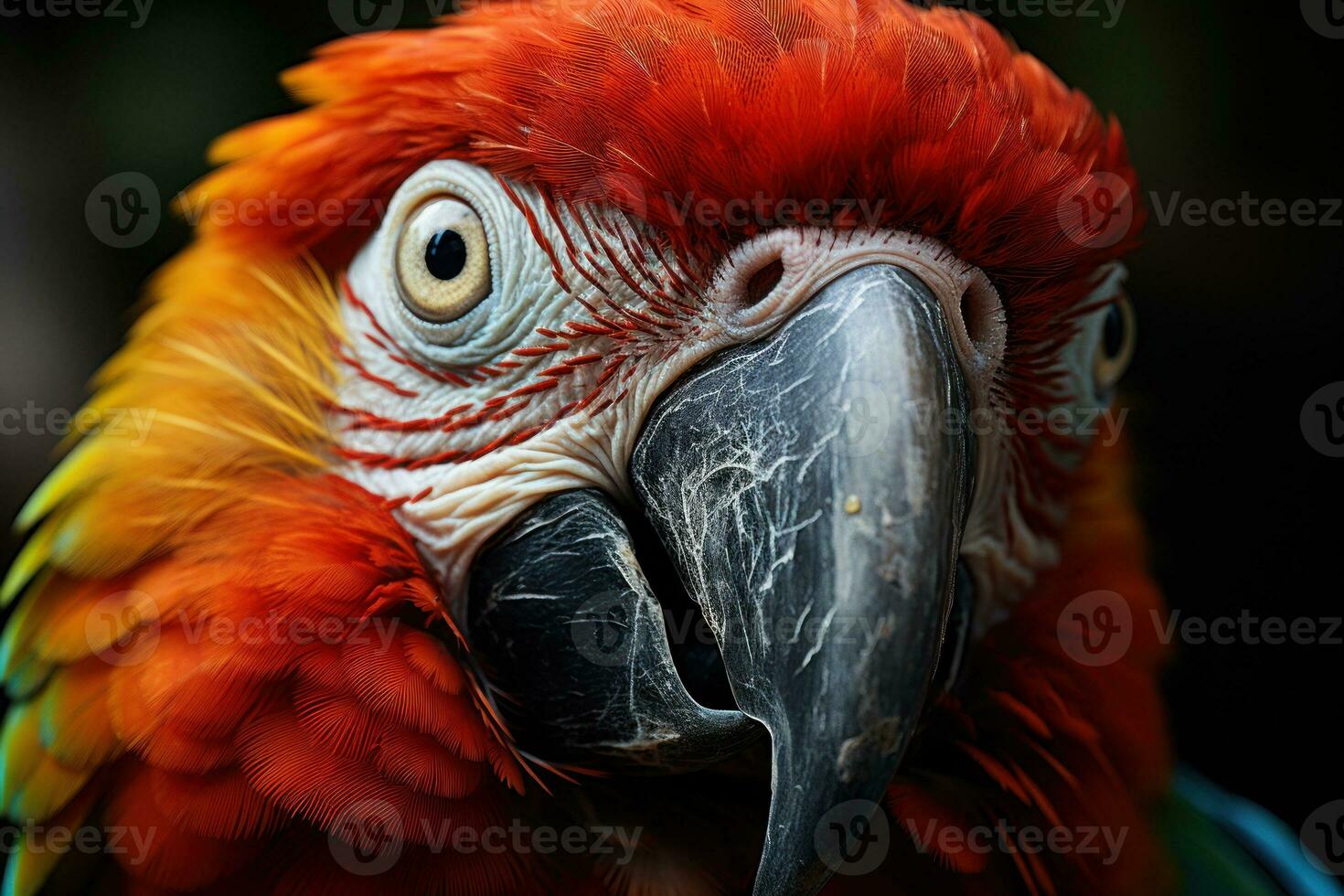 A close-up shot of a Macaw striking face, its focused eyes, documentary photo. Generative AI photo