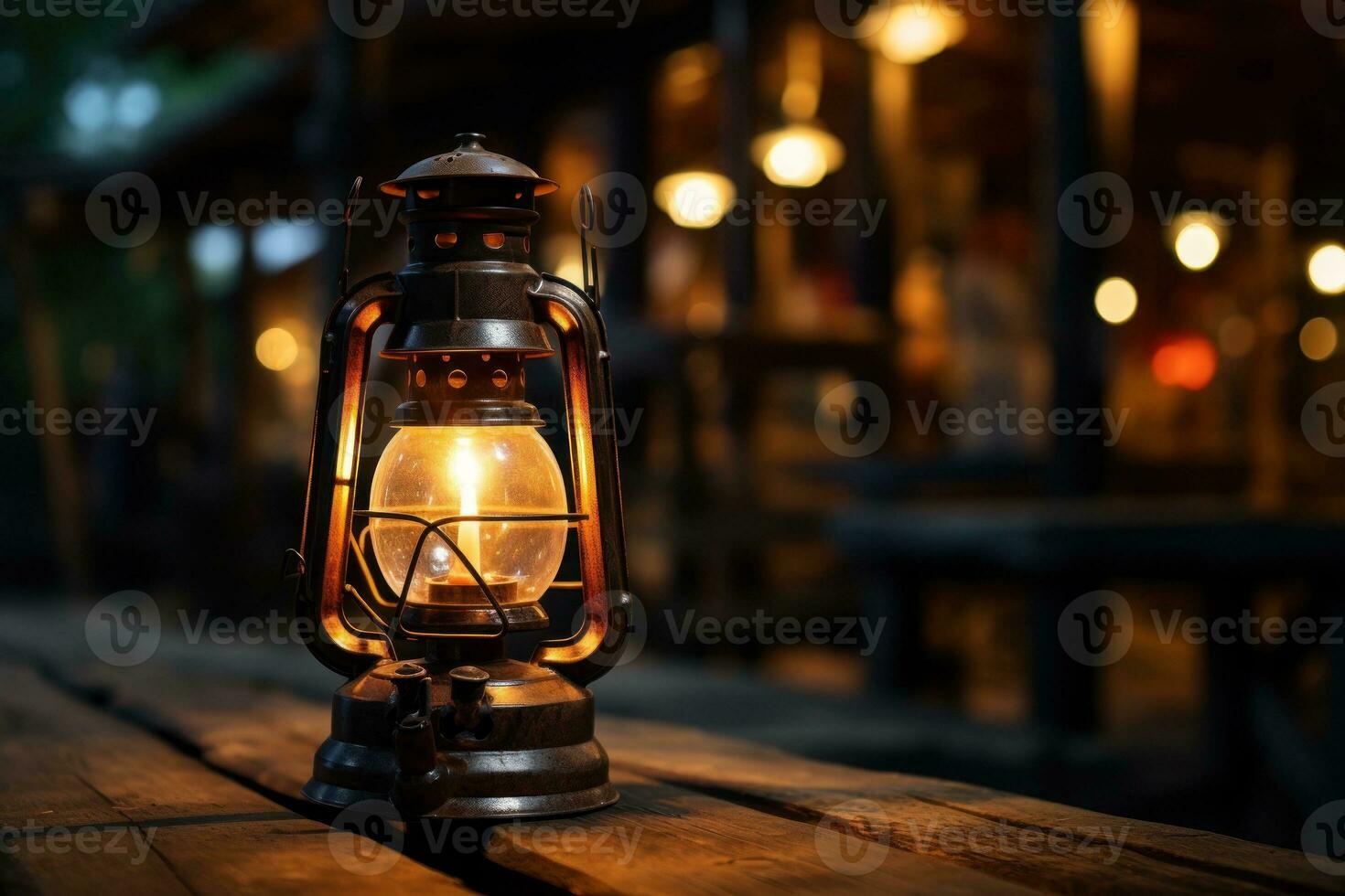 Autumn lantern on wooden table. Copy space. Generative AI photo