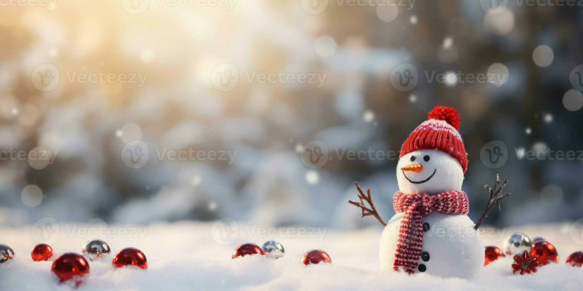 monigote de nieve con un Papa Noel sombrero, cerrar arriba, vacío espacio. generativo ai foto