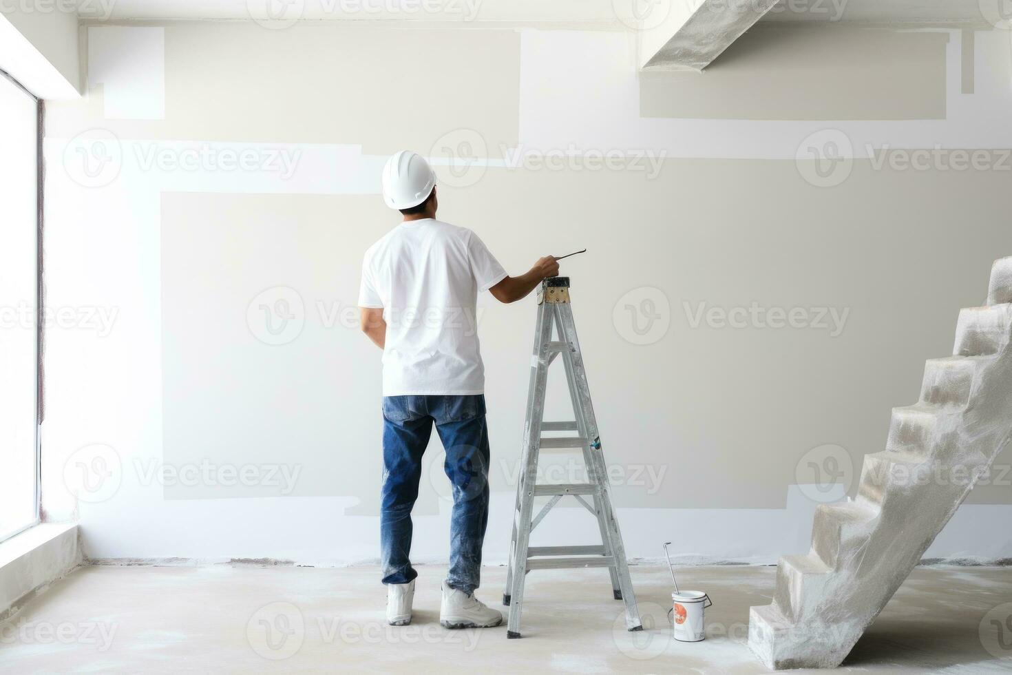 Asain male construction architect is painting the wall. Generative AI photo