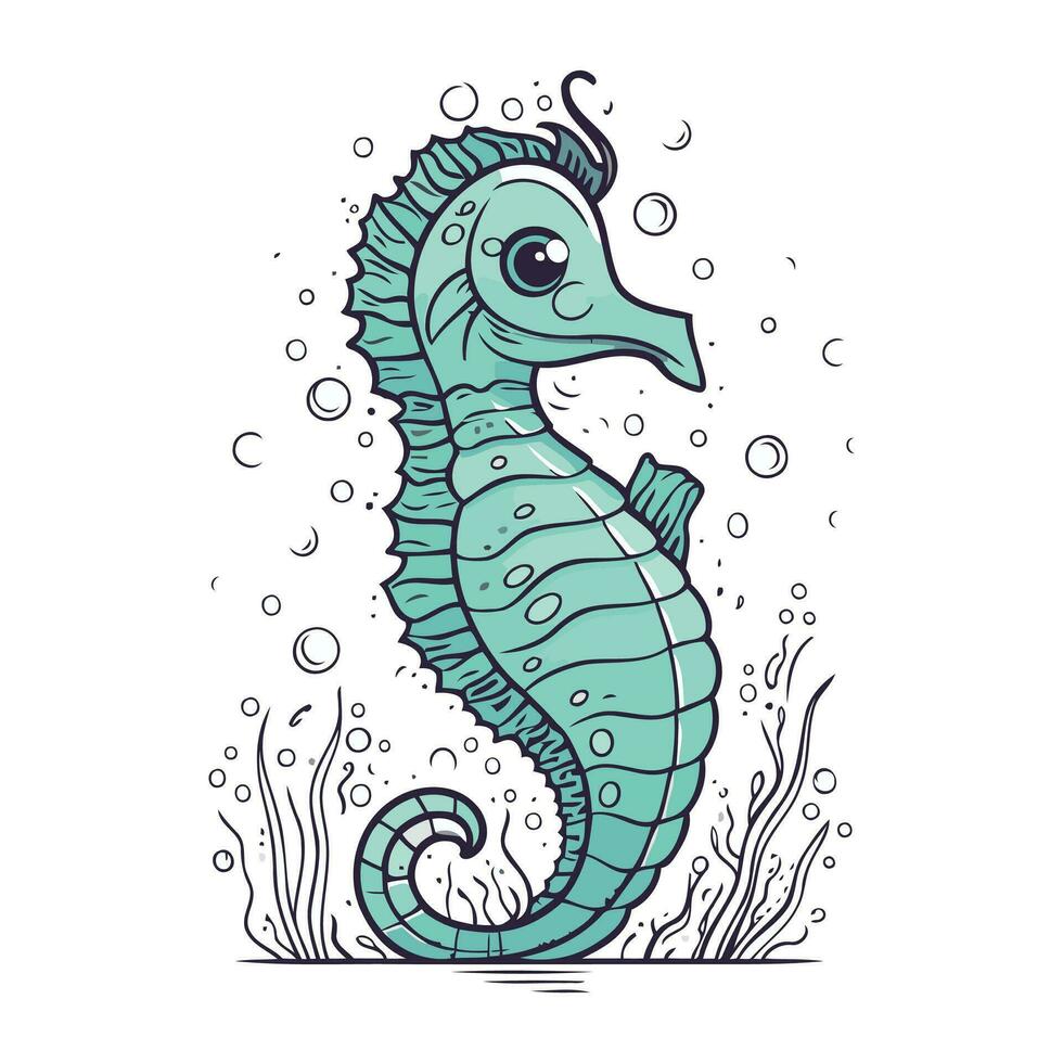 Seahorse in the sea. Coloring book. Vector illustration.