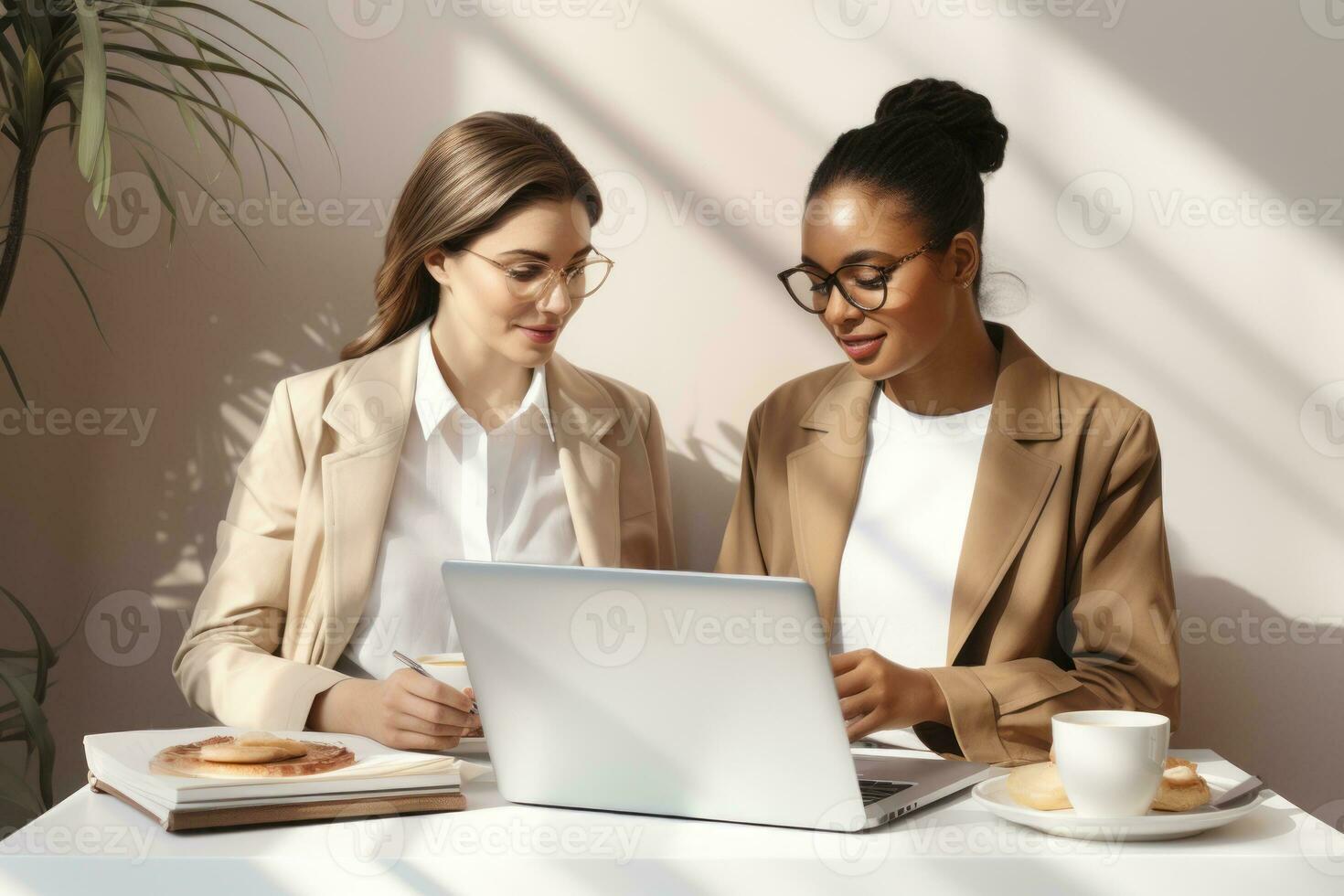 Group women sitting at a table working on their laptop in elegant illustration style. Generative AI photo