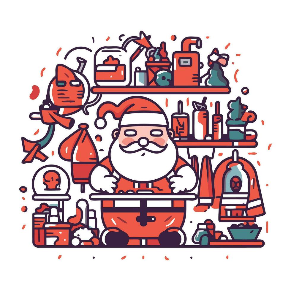 Papa Noel claus en el cocina. vector ilustración en línea Arte estilo.
