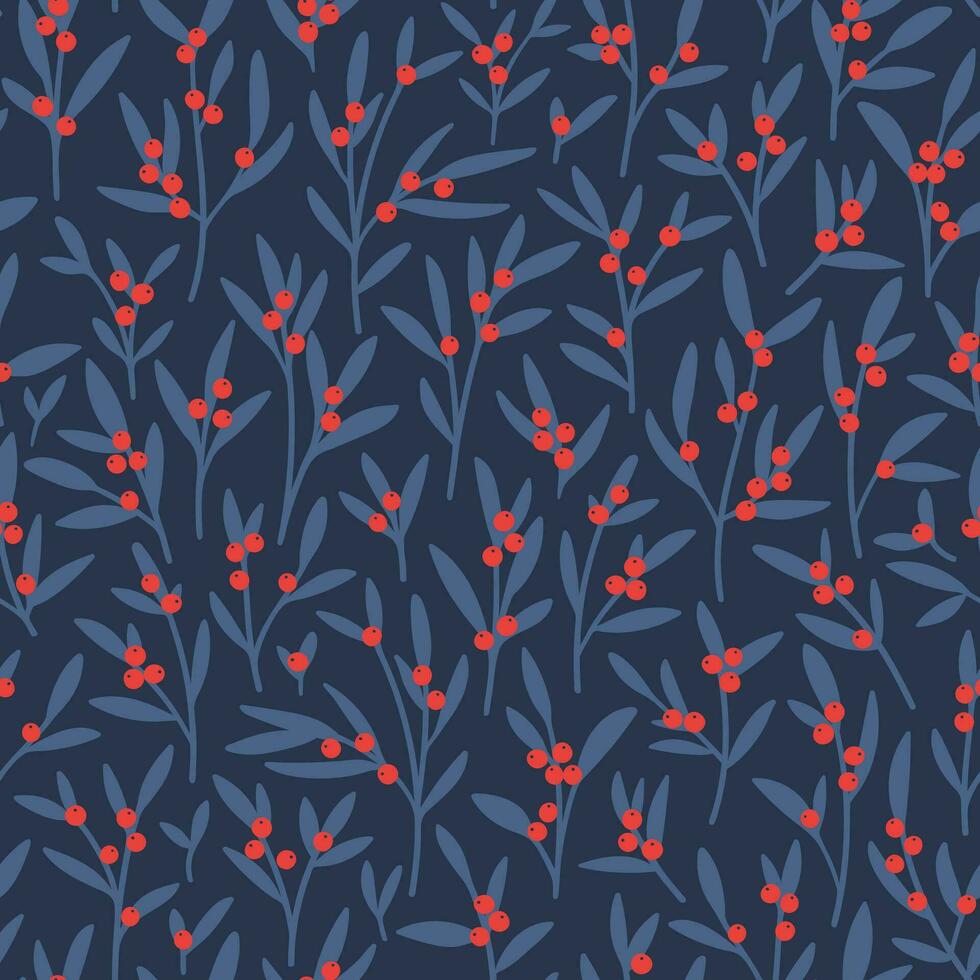 Christmas seamless pattern with branches, leaves and berries on dark blue background for greeting cards, wrapping paper. Winter plants design vector