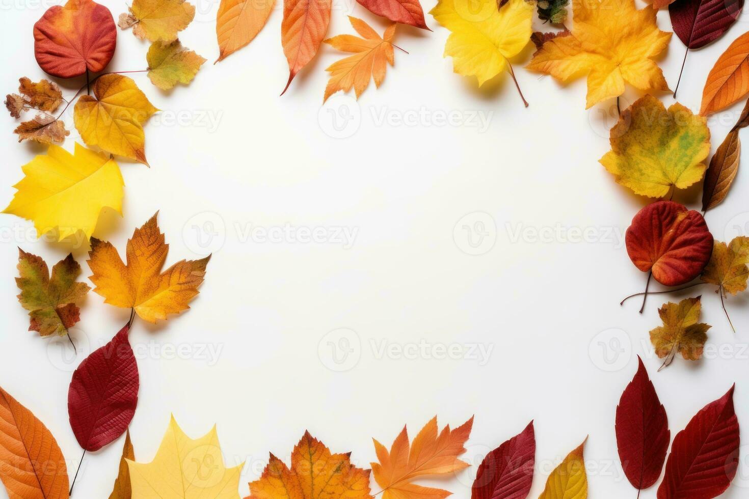 Autumn leaves on a white background With space for text. Generative AI photo
