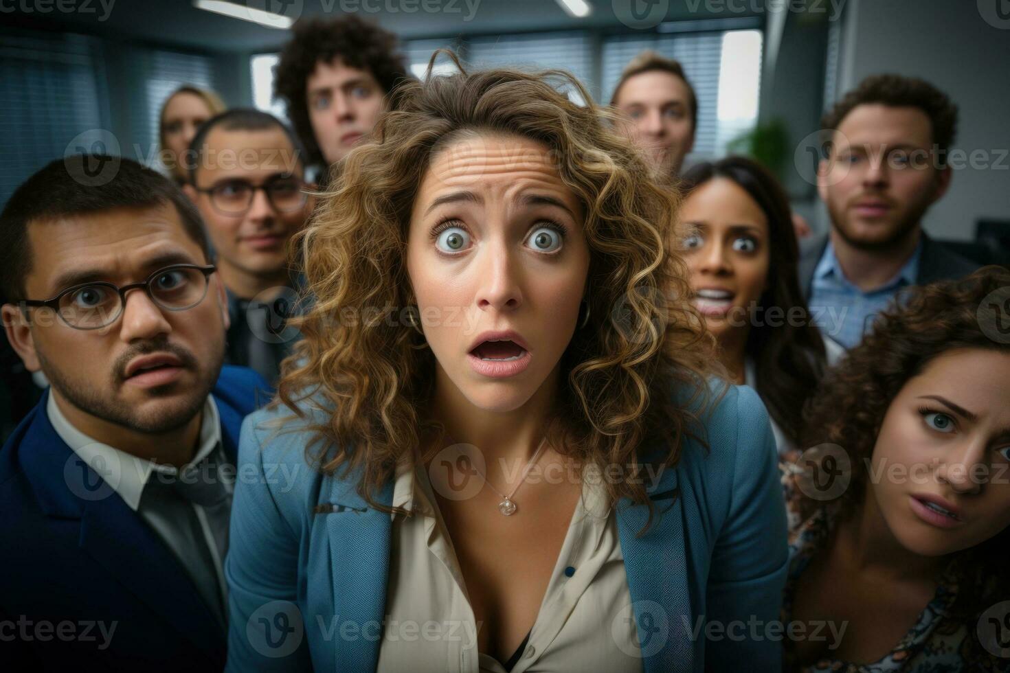 People in an office saying surprise to someone who comes looking at the camera. Photos realistic. Everyone is happy. Generative AI