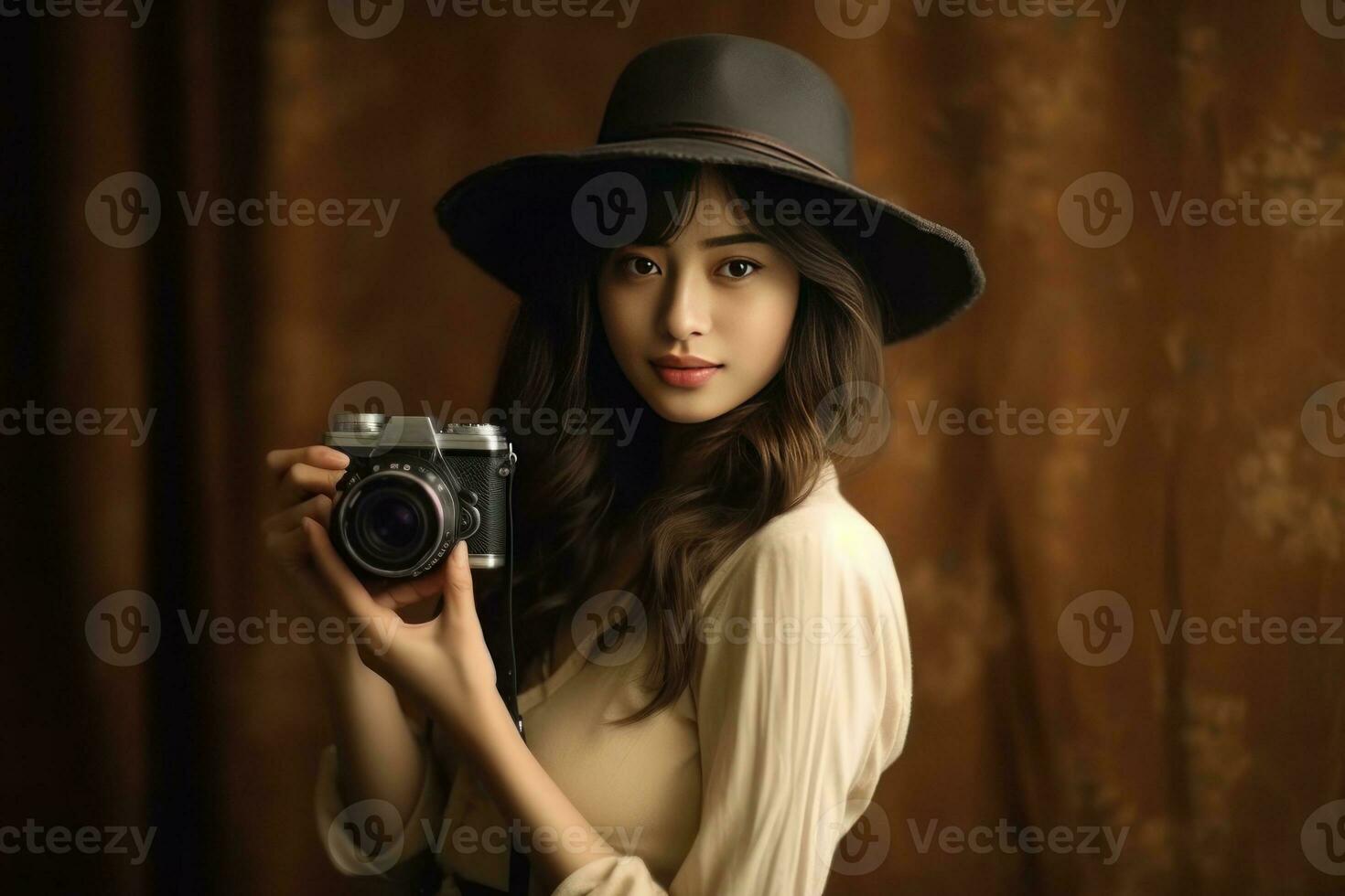 Portrait a woman in a hat holding a camera. Generative AI photo