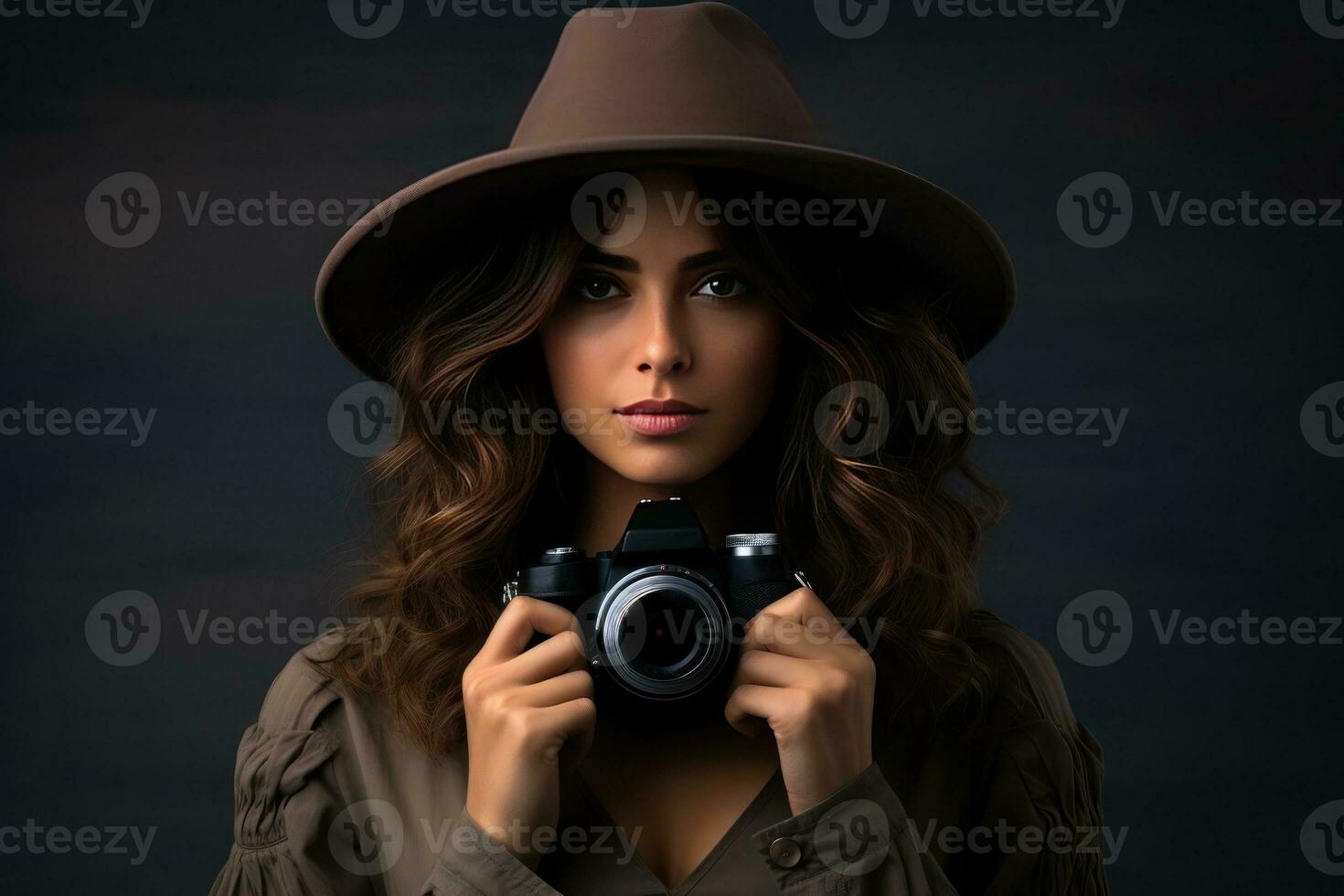 Portrait a woman in a hat holding a camera. Generative AI photo