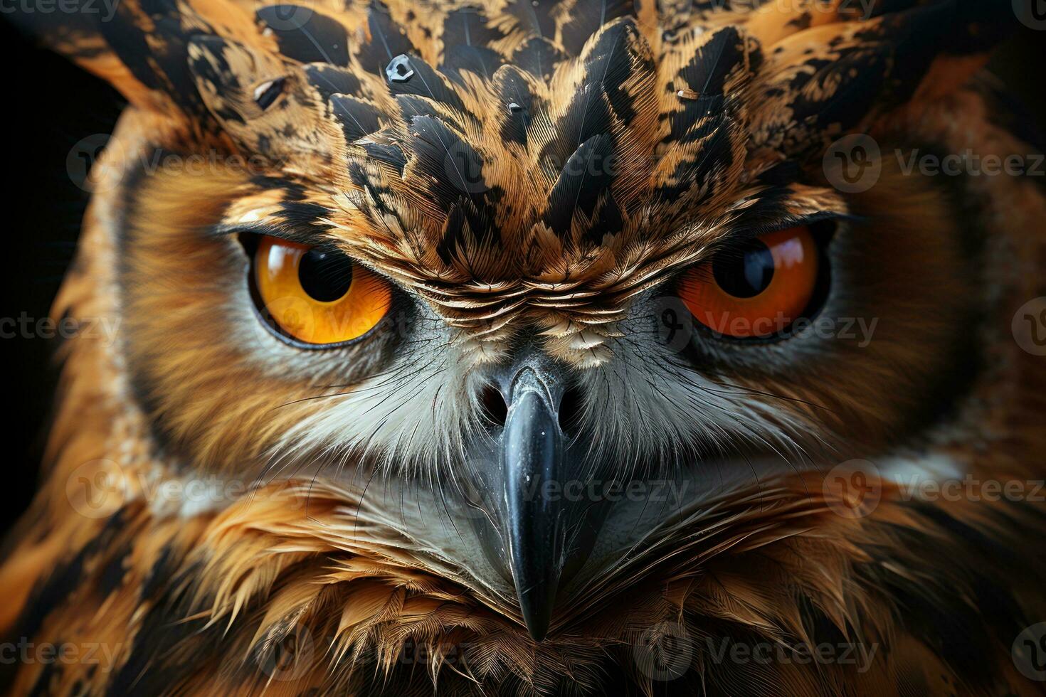 A close-up shot of a owl striking face, its focused eyes, documentary photo. Generative AI photo