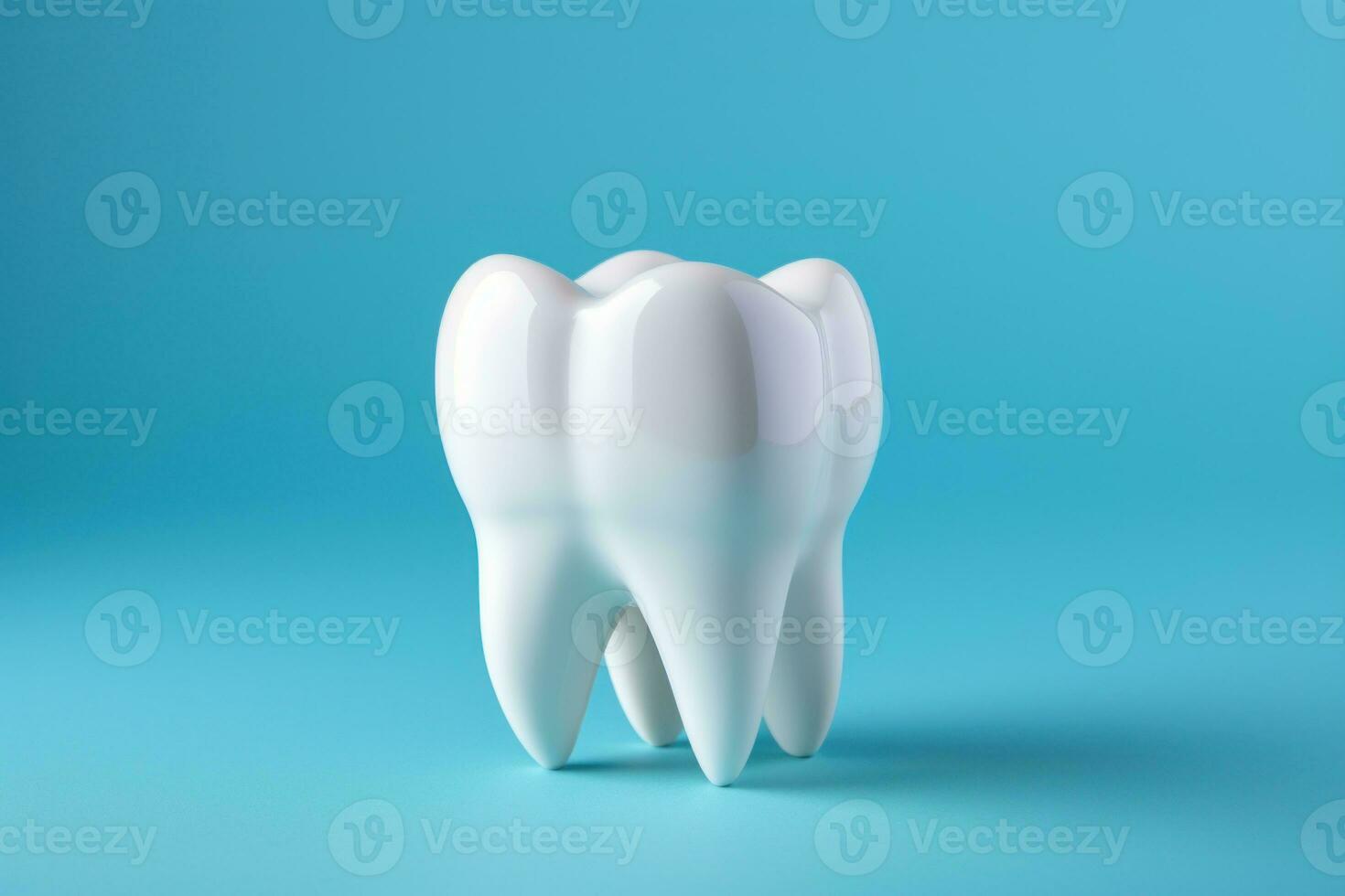 Tooth on blue backdrop with copy space. Generative AI photo