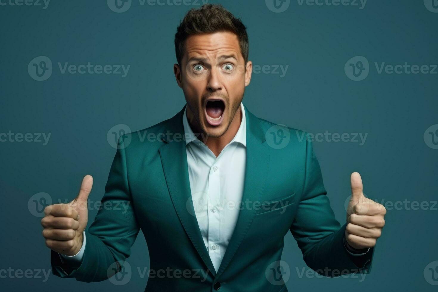 Photo of expression on his face man wearing suit. Generative AI