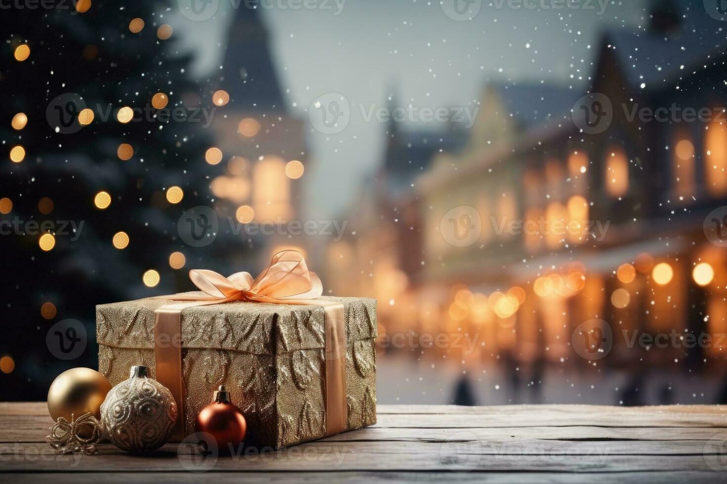 Christmas gift on wooden table. Xmas village on a snowy night in vintage style. Generative AI photo