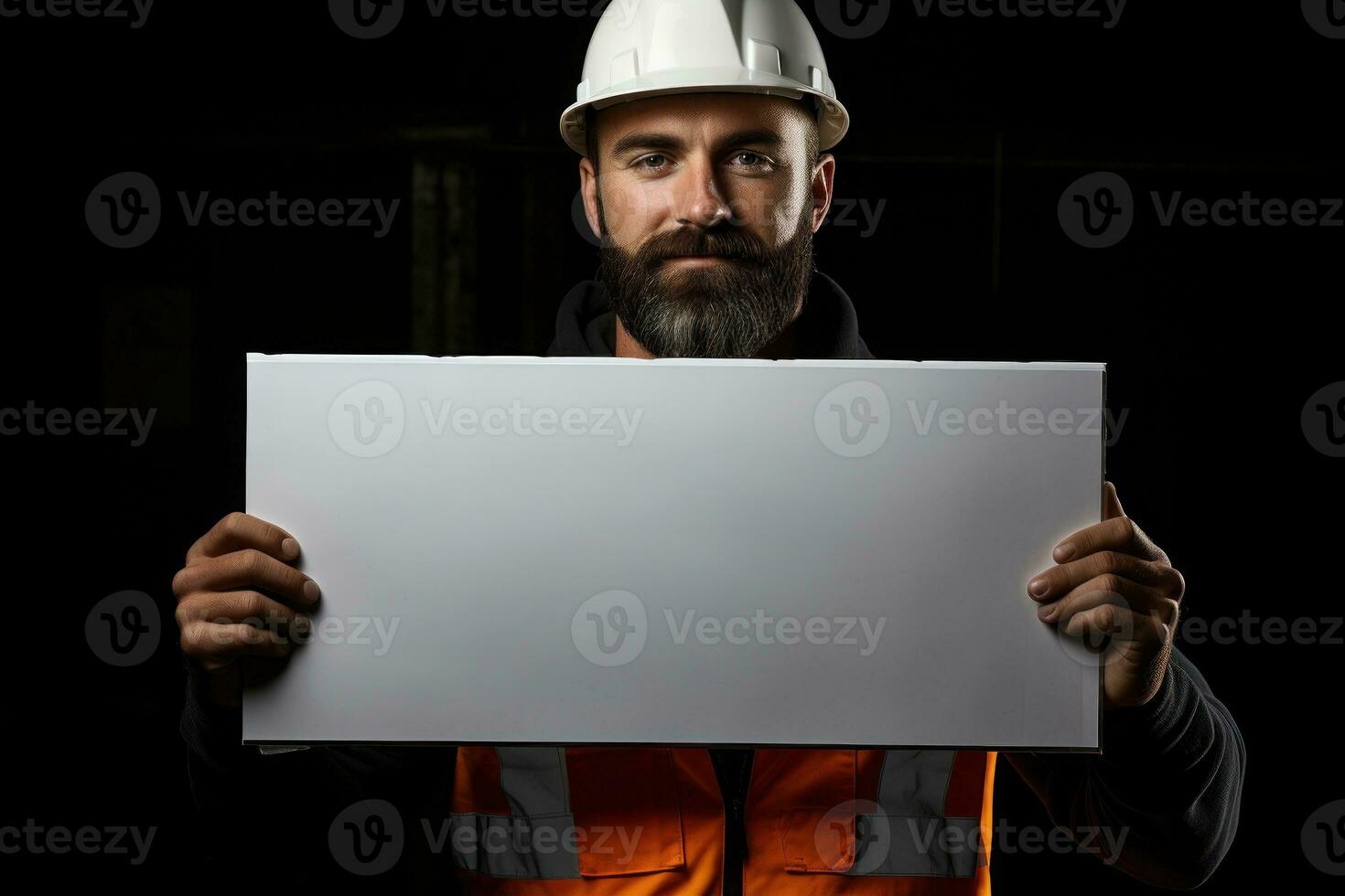 construcción trabajador participación un separar blanco blanco panel aislado en negro antecedentes. generativo ai foto