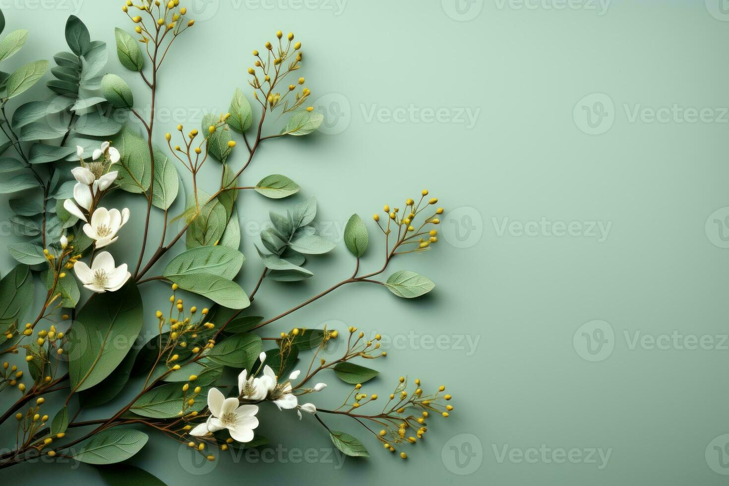 Dried Greenery on Green Background, Copy Space. Generative AI photo