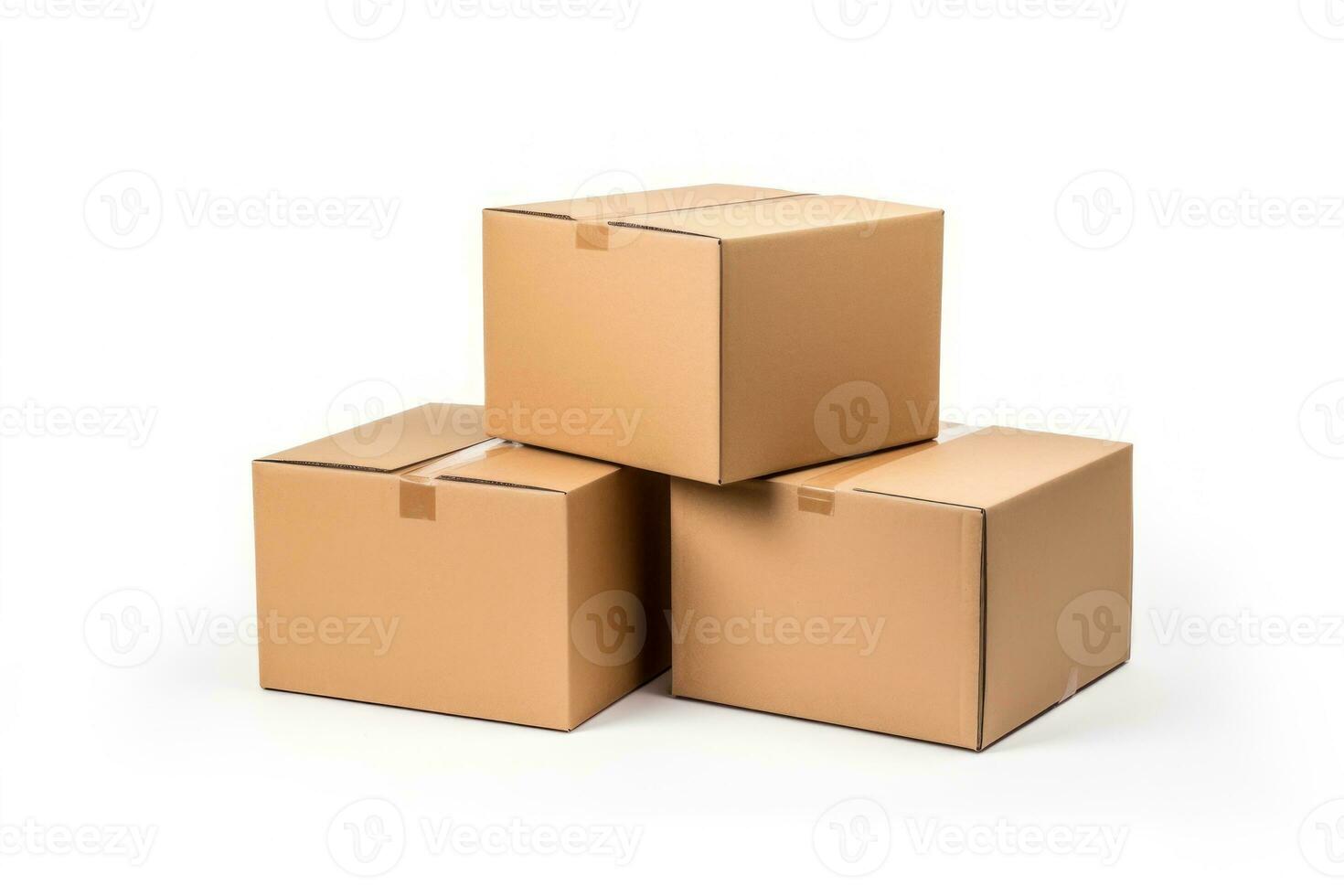 Clean, plain cardboard boxes in stock , white background, isolated on white. Generative AI photo