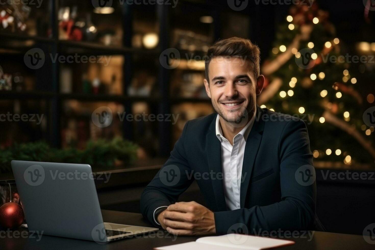 AI Generated Young employee celebrating Christmas at workplace. Generative AI photo