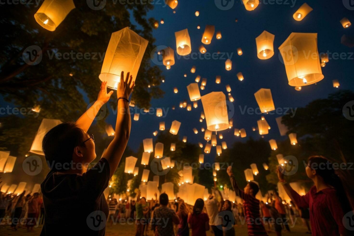 personas participación flotante linternas durante yee peng festival. generativo ai foto