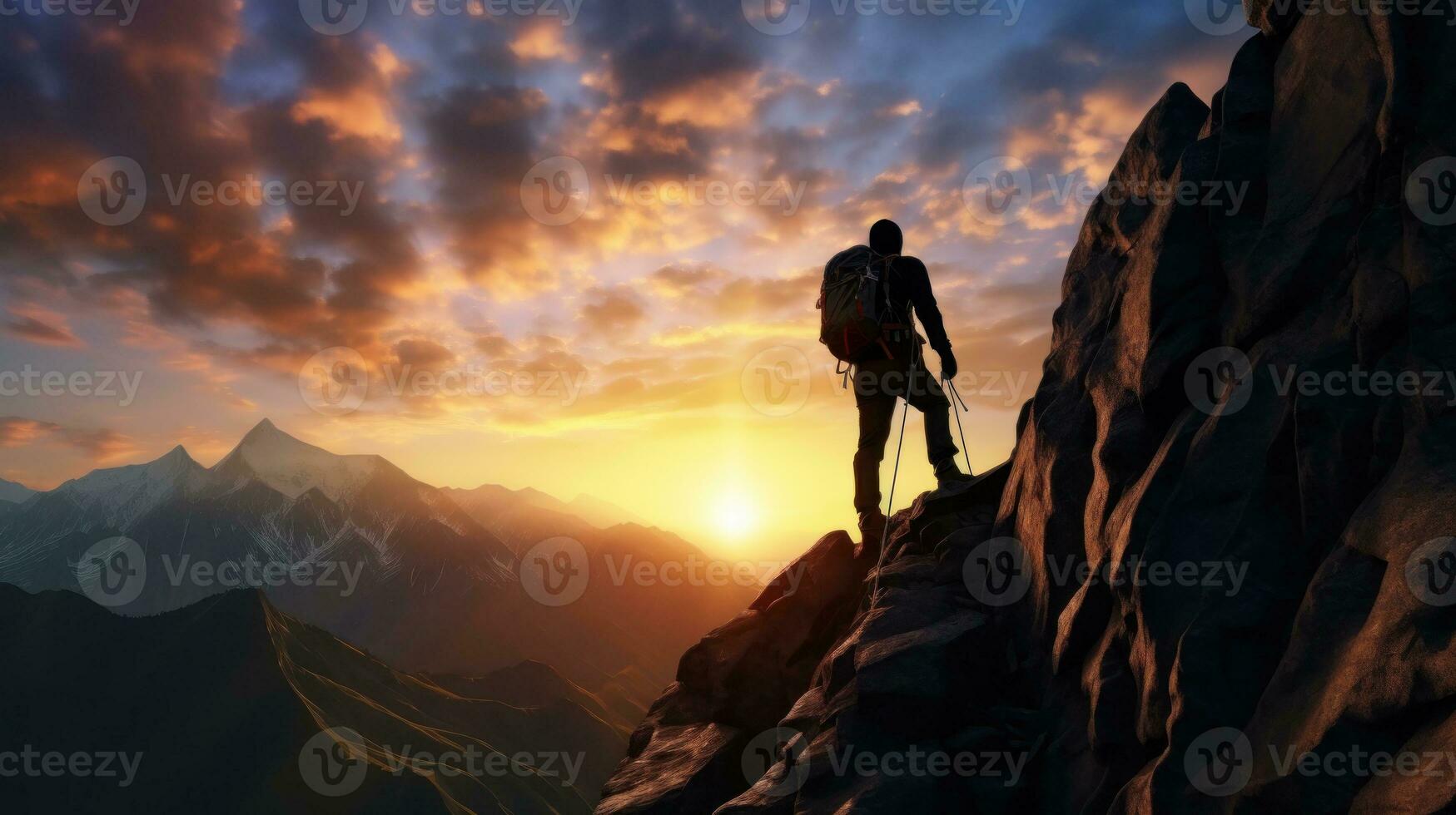 Black silhouette of a climber on a cliff rock with mountains landscape. Generative AI photo