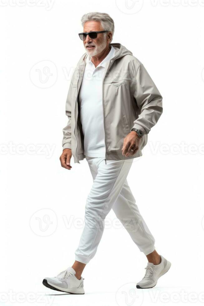 Senior man jogging Happy and energetic generation in white background. Generative AI photo