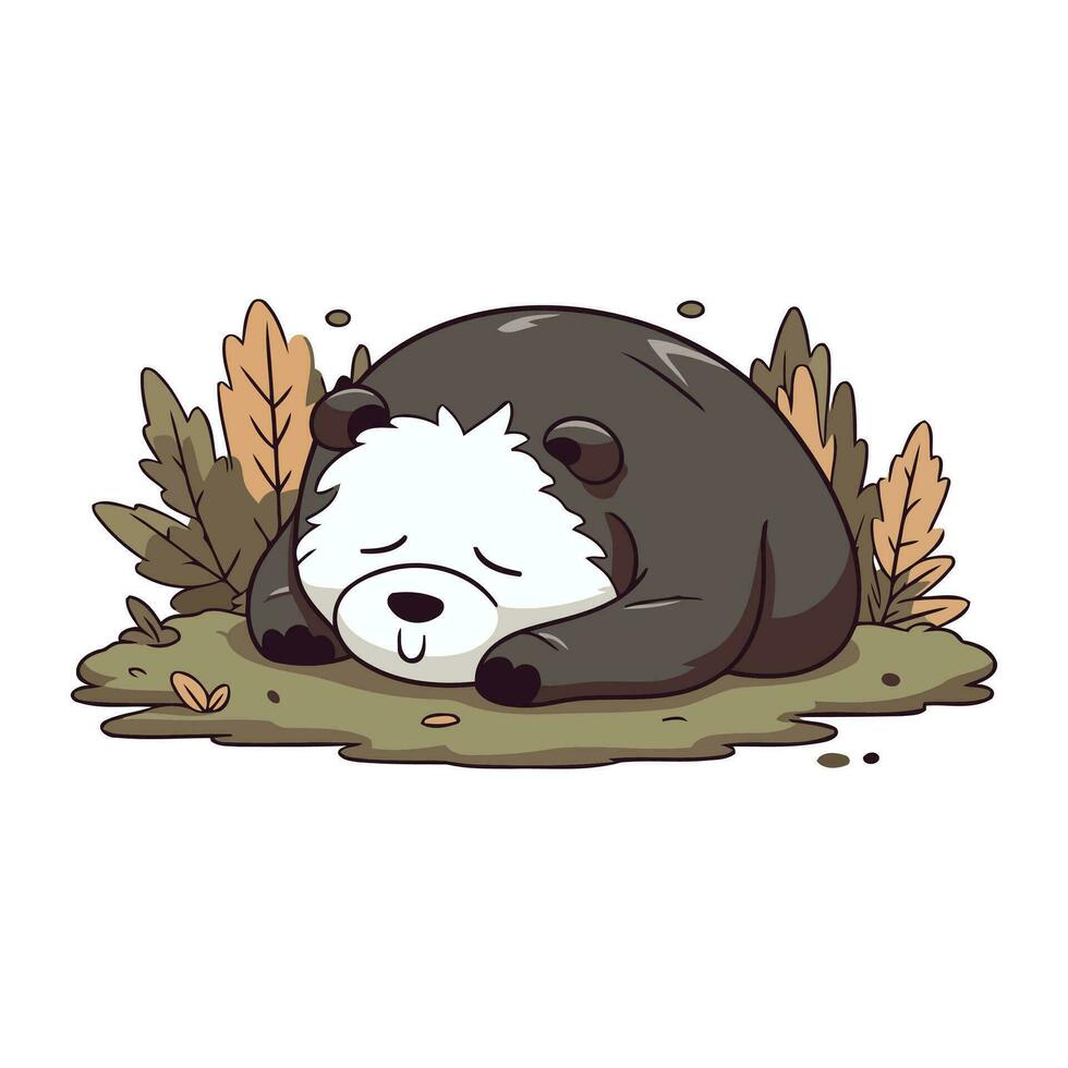 Panda sleeping in the autumn forest. Cute cartoon vector illustration.