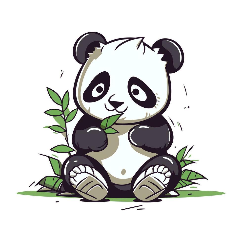 Cute cartoon panda sitting on the grass. Vector illustration.