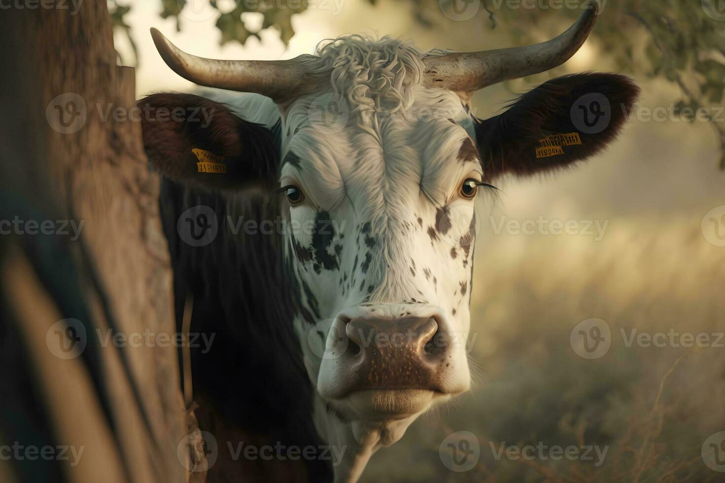 Green meadow in mountains and cow, summer landscape. Neural network AI generated photo