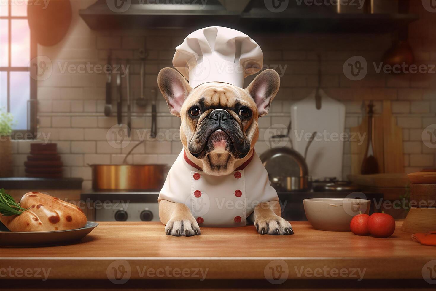 Funny image of a French Bulldog in a chef costume, showcasing culinary humor in the kitchen setting. Copy space Perfect for food-related projects and entertainment-themed designs, photo