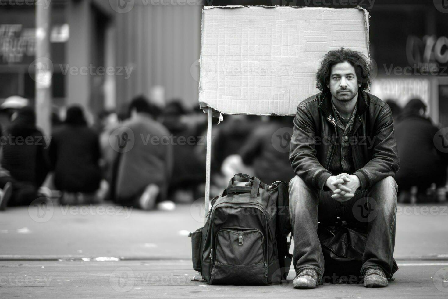 Homeless Showing Seeking Human Kindness Sign On Cardboard. Generative AI photo