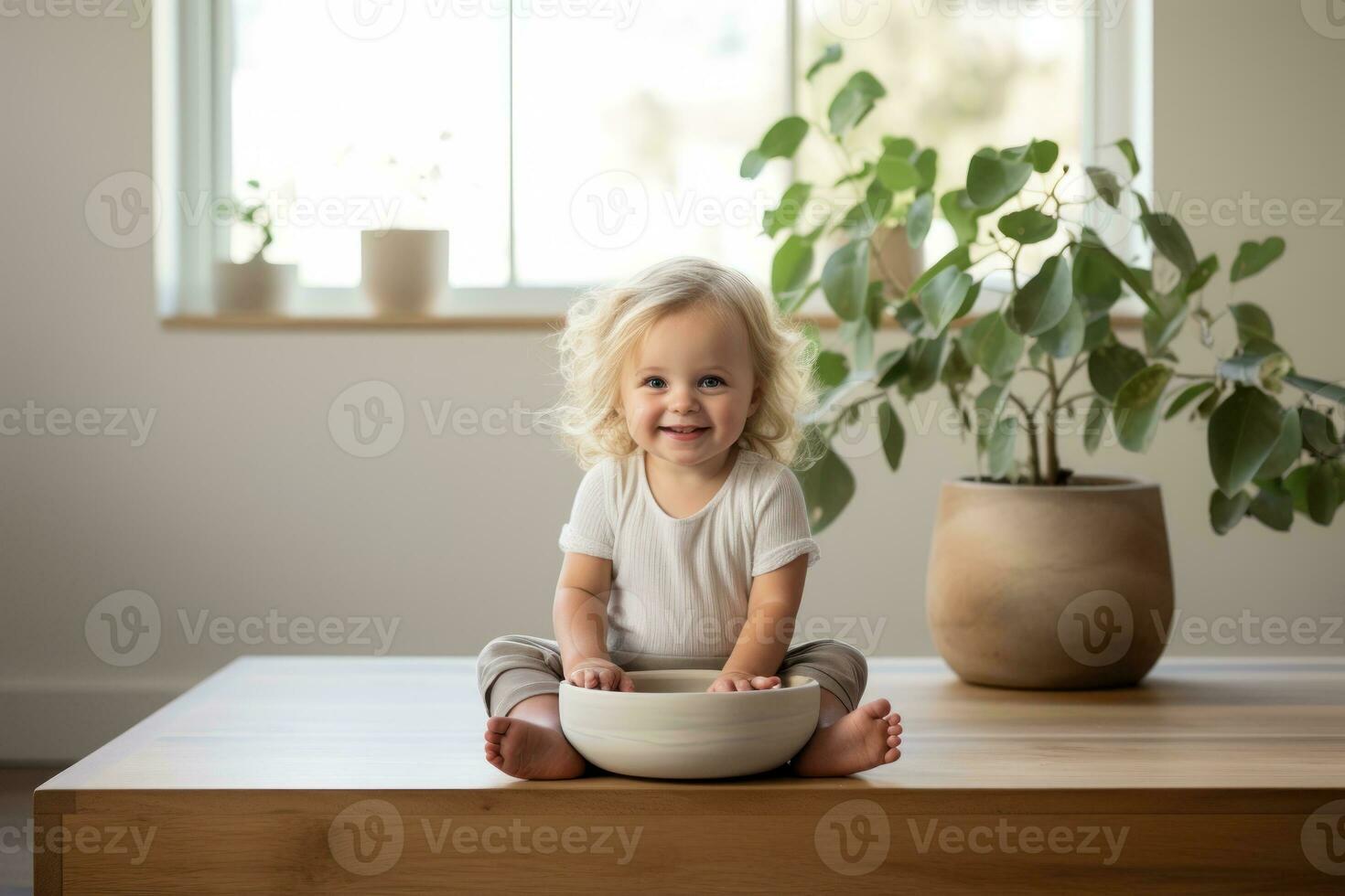 Style realistic photo of a baby sitting next to a plain white photo frame. Generative AI