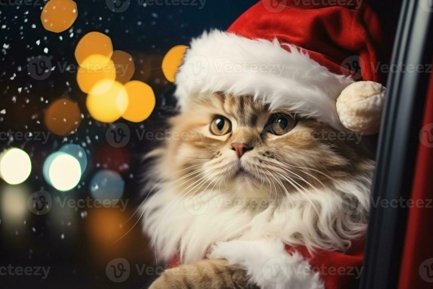 Cute cat in a Santa Claus costume Christmas blurred bokeh lights. Generative AI photo