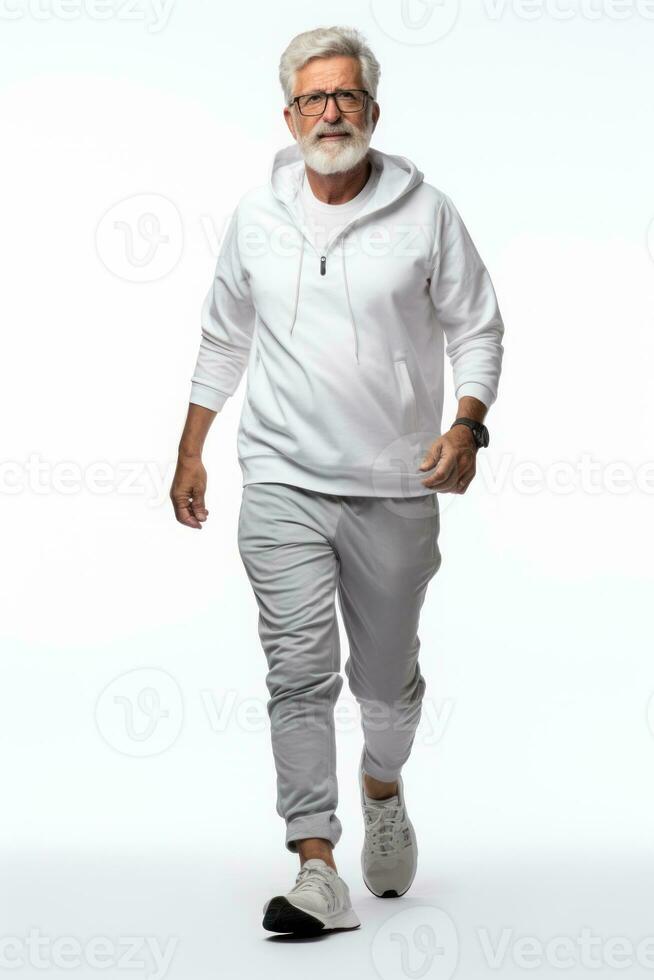 Senior man jogging Happy and energetic generation in white background. Generative AI photo