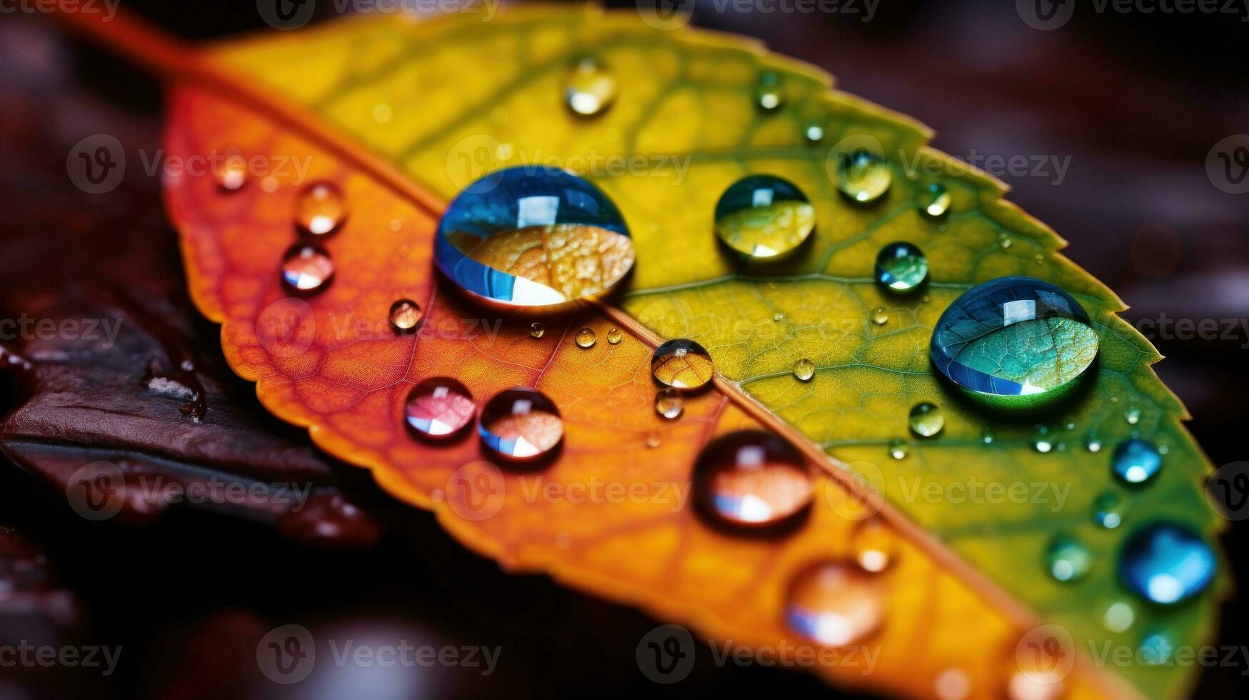 Extreme close up photography of a drop on a colorful leaf. Generative AI photo