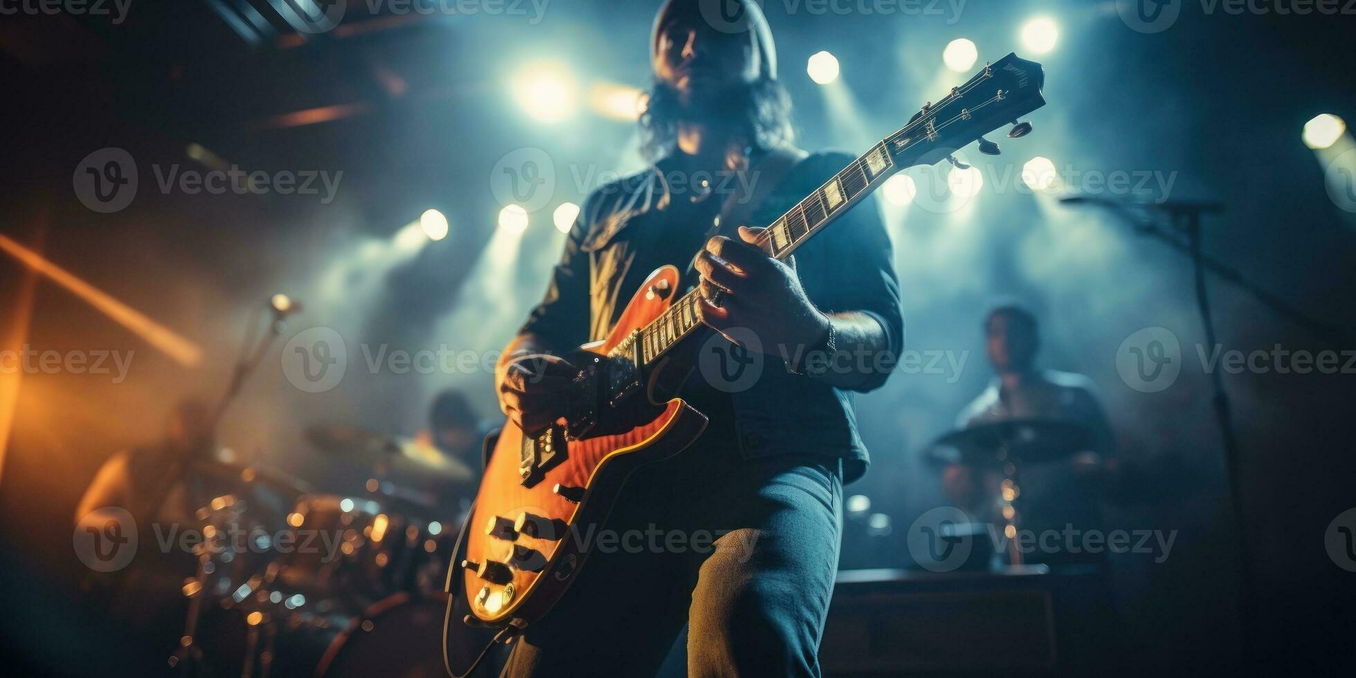 Music band group perform on a concert stage.Guitarist on stage for background. Generative AI photo