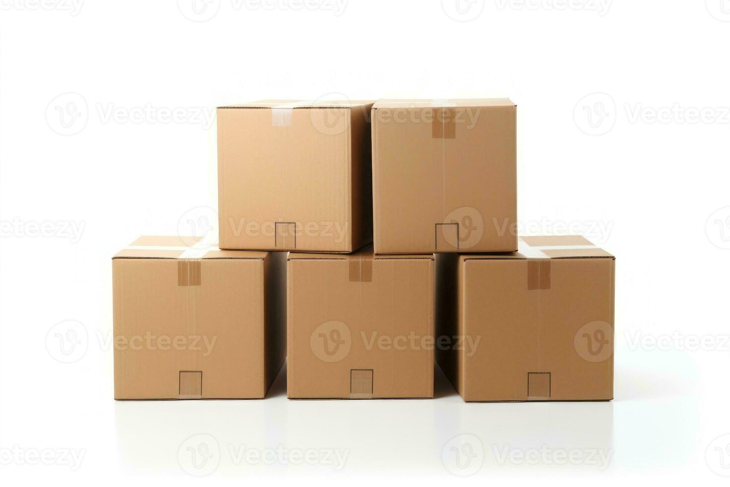 Clean, plain cardboard boxes in stock , white background, isolated on white. Generative AI photo