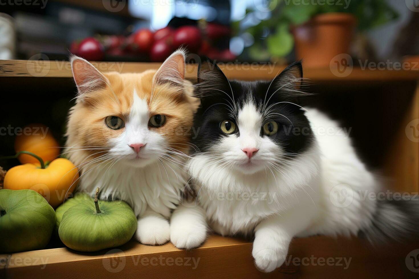 Black and white cat on sofa together orange cat fat. Generative AI photo