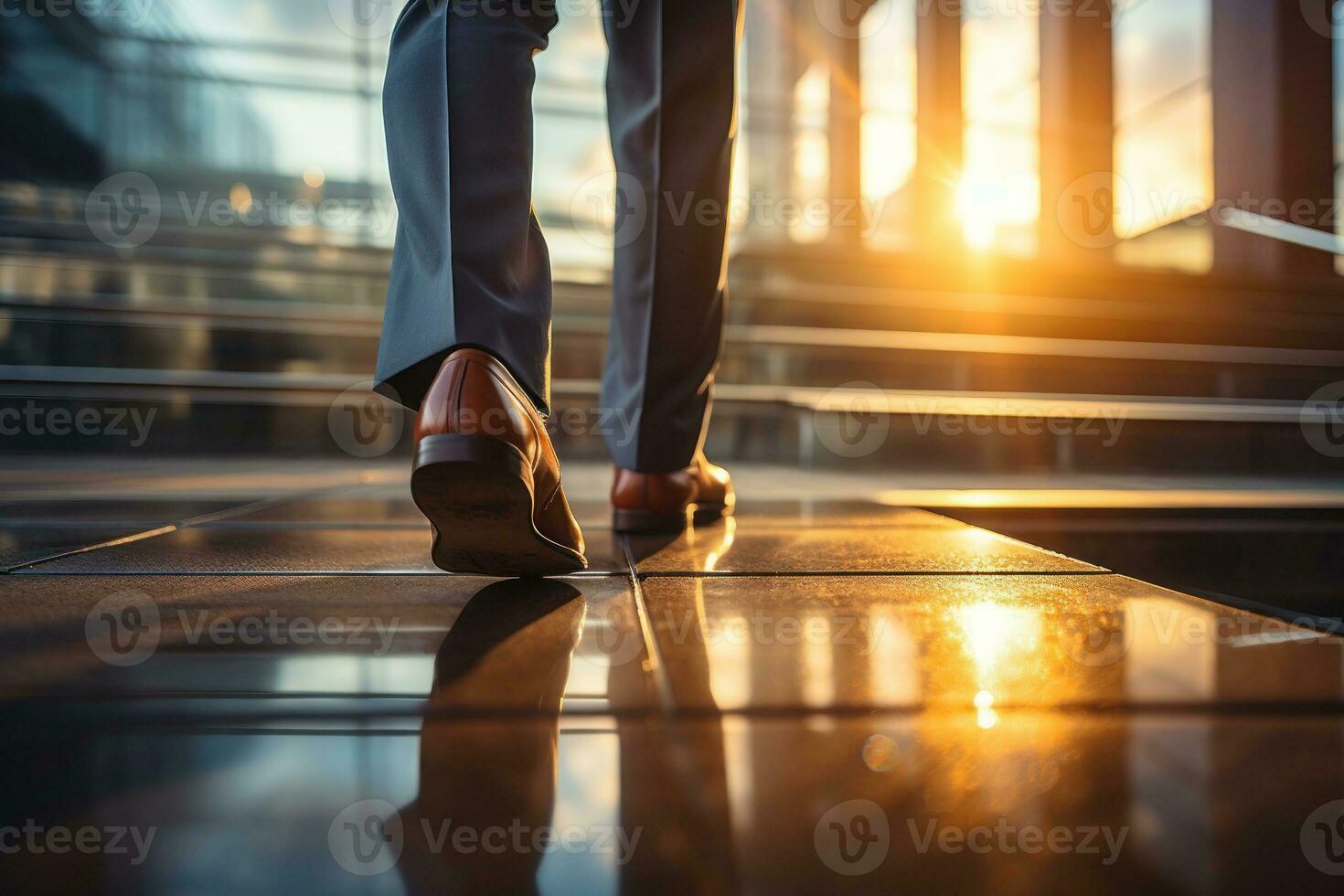 Close up shoes of businessman walking up on stairs into a glass office building. Generative AI photo