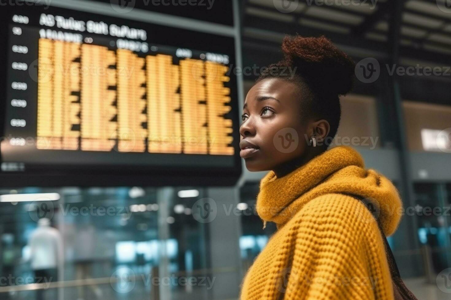 un joven mujer a un internacional aeropuerto mira a el vuelo información tablero. generativo ai foto