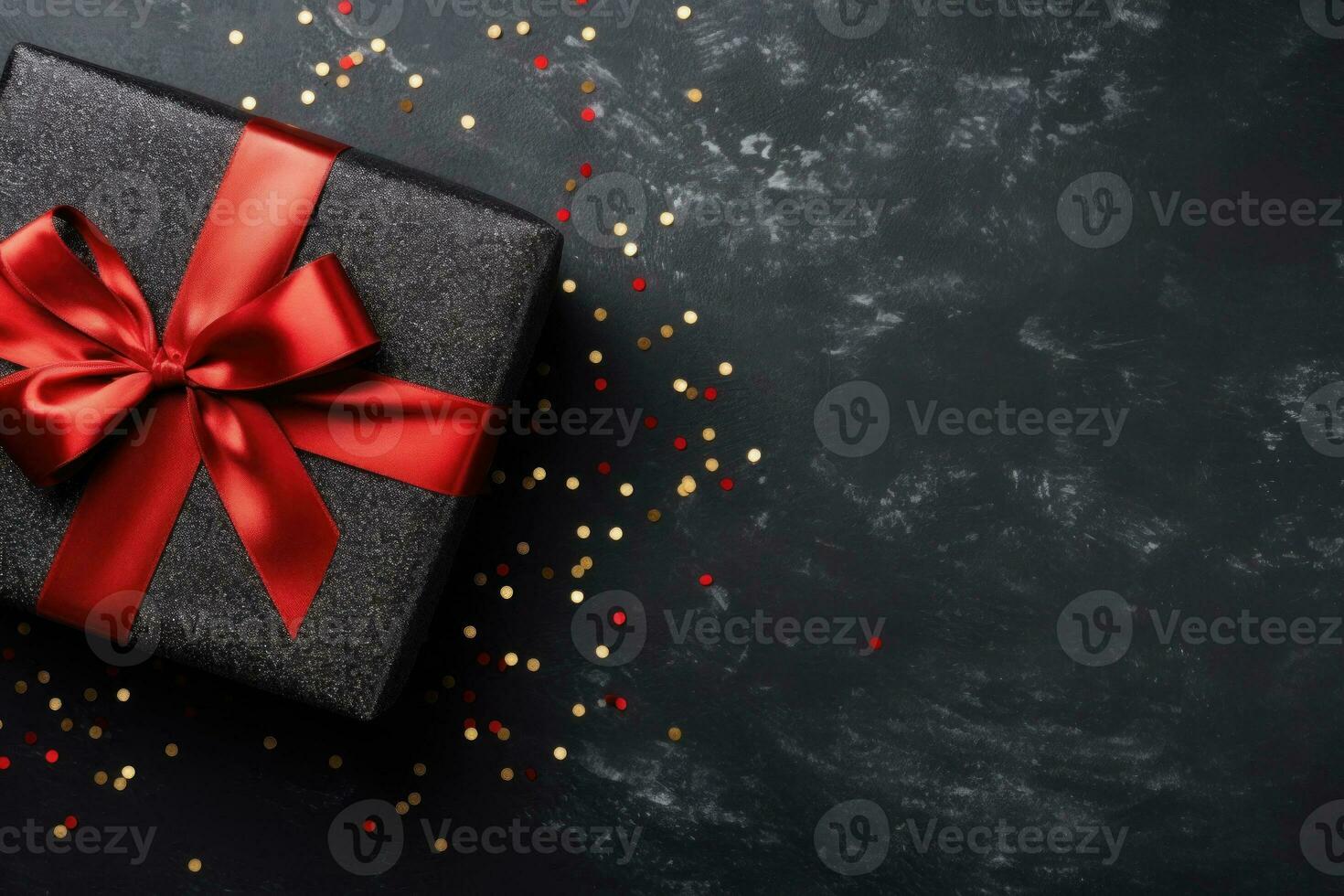 Black Friday Gift wrapped in black paper with red bow on dark background. Generative AI photo